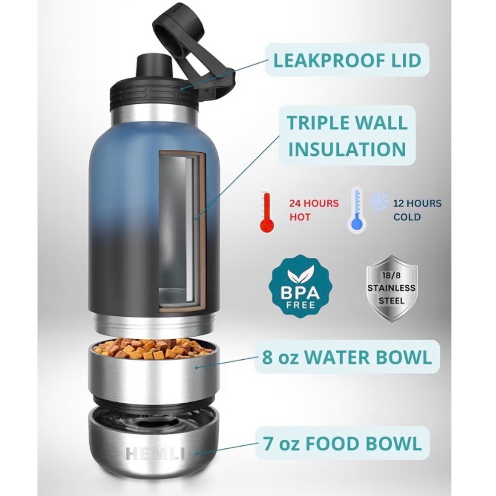 32 oz. Water Bottle with Dog Water and Food Bowls with Crossbody Bag - Picture 3 of 6